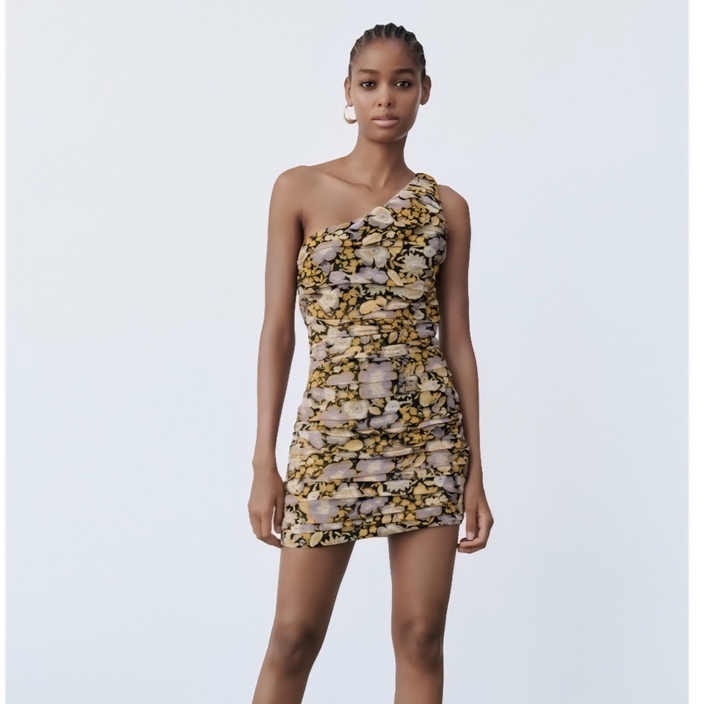 Zara - Yellow Purple Floral Glitter Drape One Shoulder Bodycon Dress -Size S NWT - Picture 7 of 7